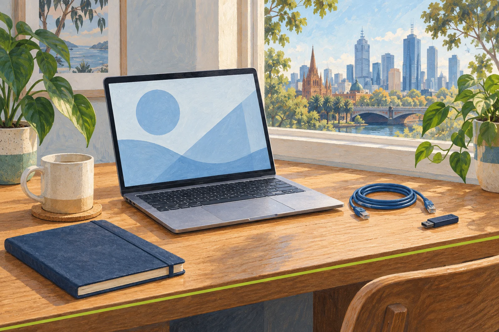 A painted desk by a window: a laptop showing a slide, a notebook, and the network cable unplugged and coiled beside it.